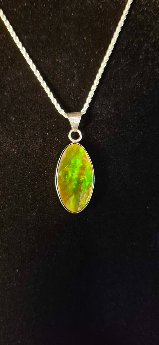 Natural Ammolite Silver Pendant CGJP9 with orange, gold and green colour, view 2