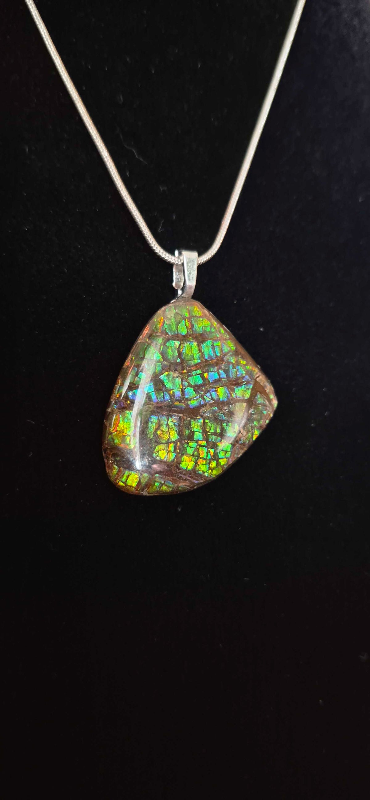Natural Ammolite Silver Plated Pendant CGJP30 with gold, green and blue colour, view 2