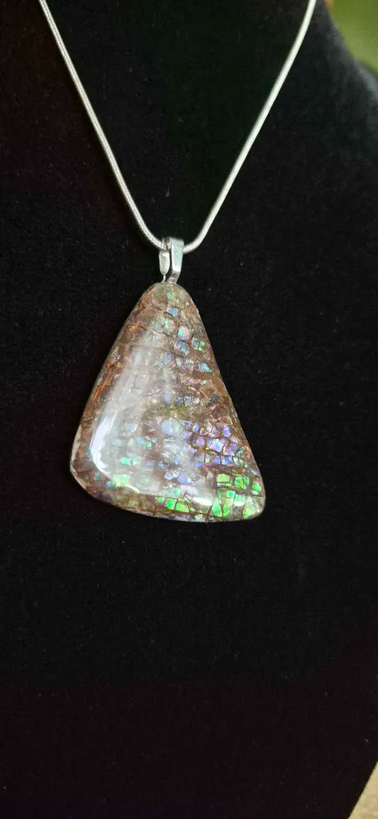 Natural Ammolite Silver Plated Pendant CGJP40 with green, blue and purple colour, view 2