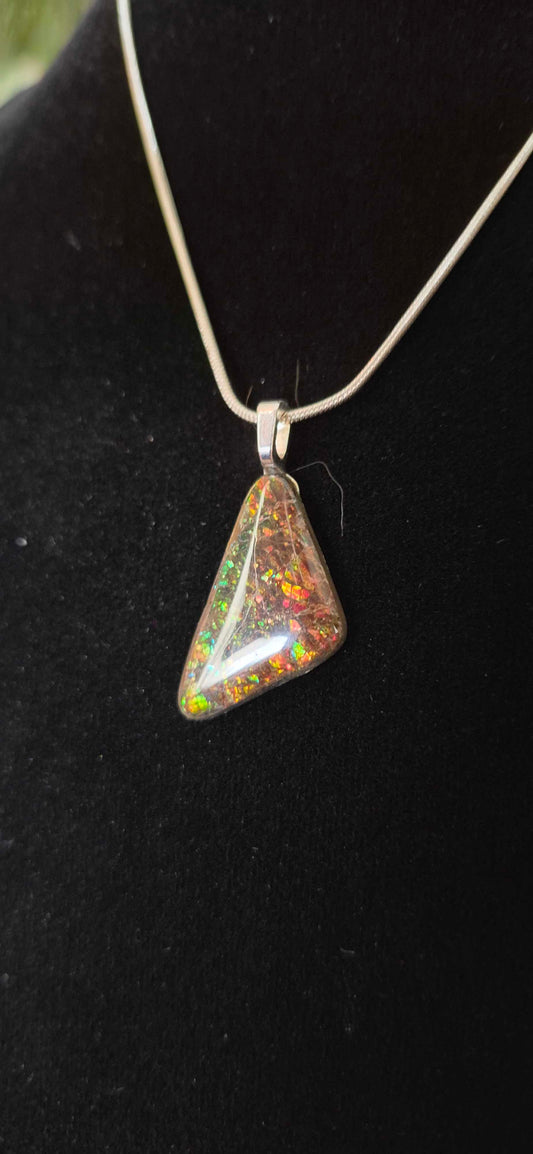 Natural Ammolite Silver Plated Pendant CGJP31 with red, orange and green colour, view 2