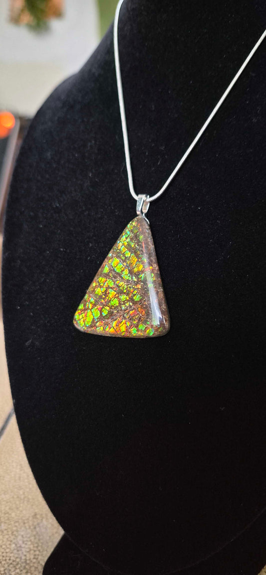 Natural Ammolite Silver Plated Pendant CGJP28 with orange, gold and green colour, view 2