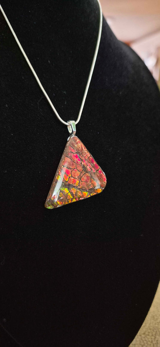 Natural Ammolite Silver Plated Pendant CGJP27 with red, orange and pink colour, view 2