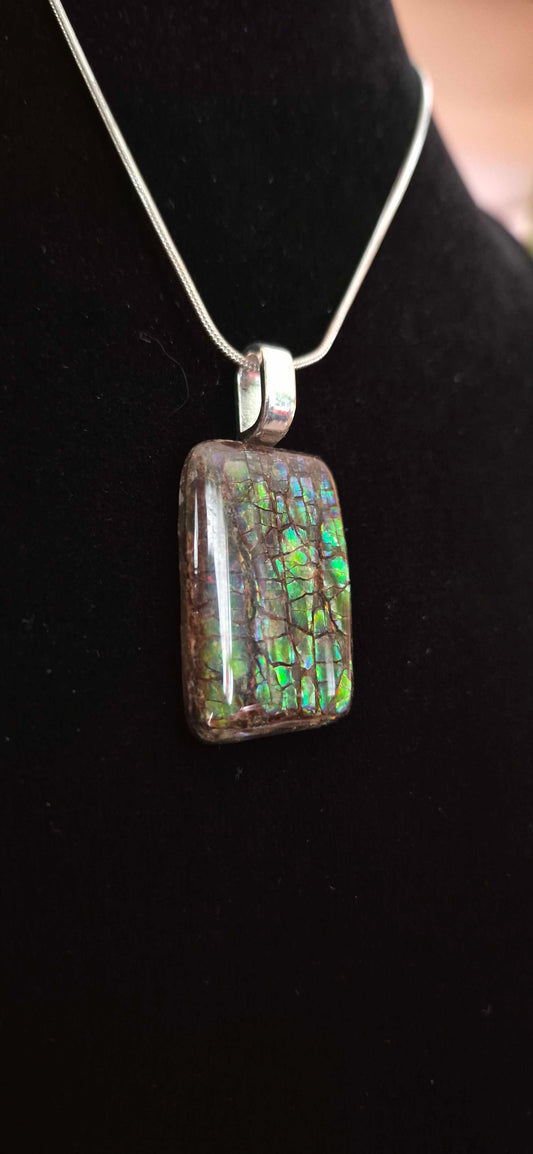 Natural Ammolite Silver Plated Pendant CGJP26 with gold, green and blue colour, view 2