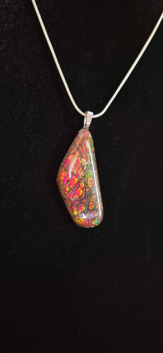 Natural Ammolite Silver Plated Pendant CGJP41 with red, orange, green and pink colour, view 2