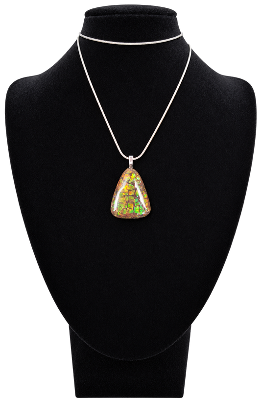 Natural Ammolite Silver Plated Pendant CGJP38 with red, orange, gold and green colour